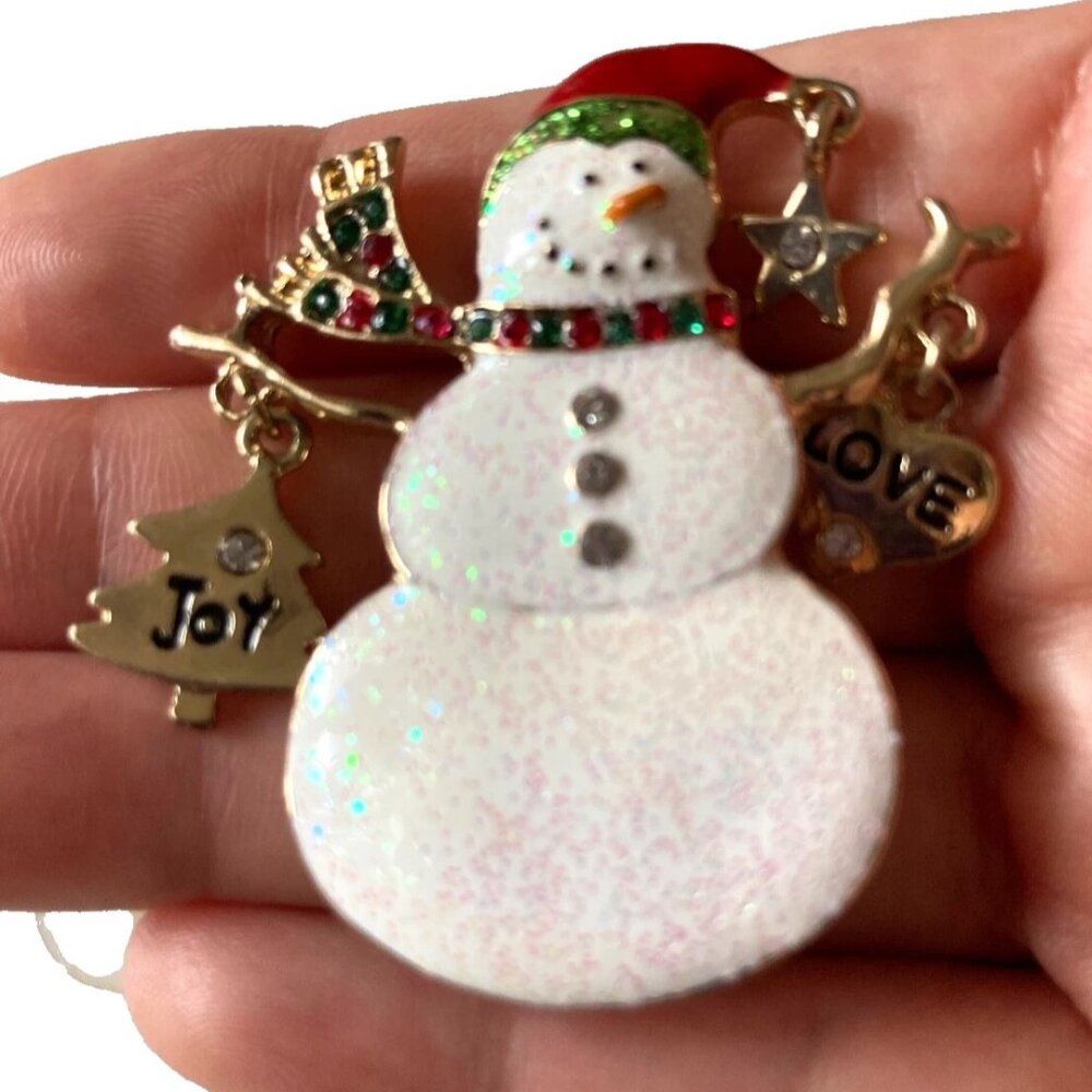 Vintage Snowman Love And Joy Dangles tree heart Rhinestone Brooch Pin